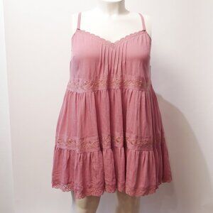 Festi Plus 2X Pink Cami A-Line Dress w/ Lace Trim Pintucks and Embroidery NWT